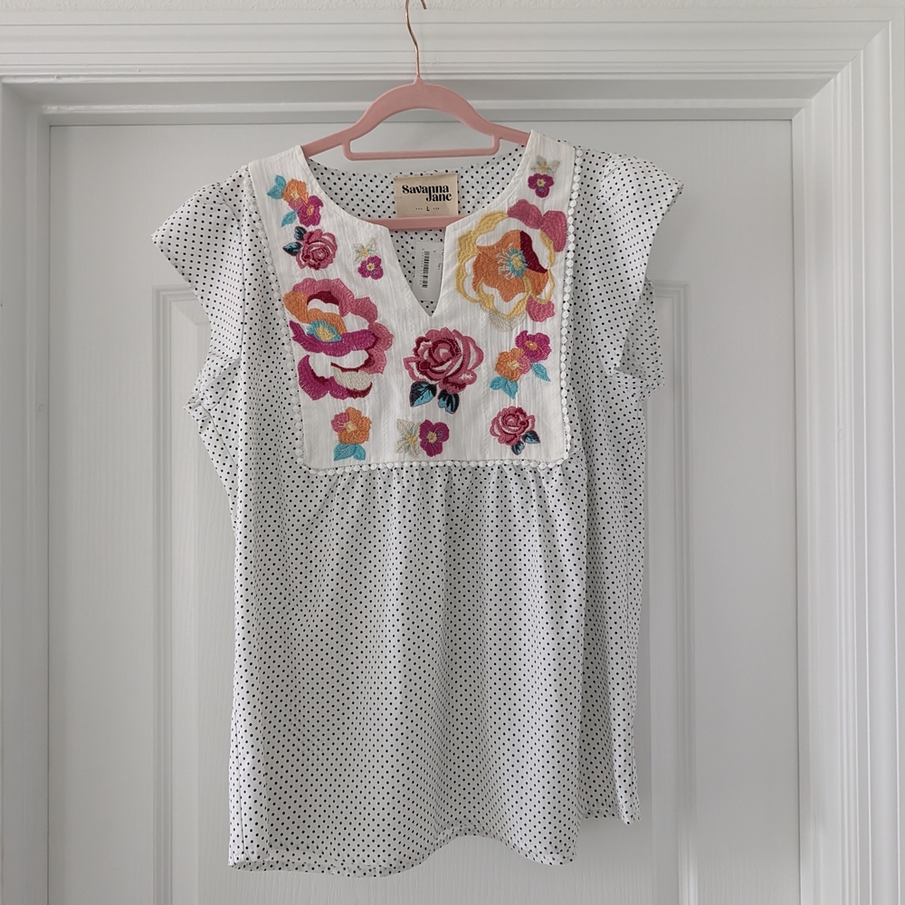 White Polka Dot Top with Floral Embroidery